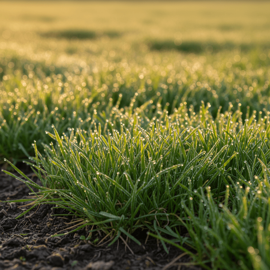 Healthy lawn soil and grass detail showing quality maintenance