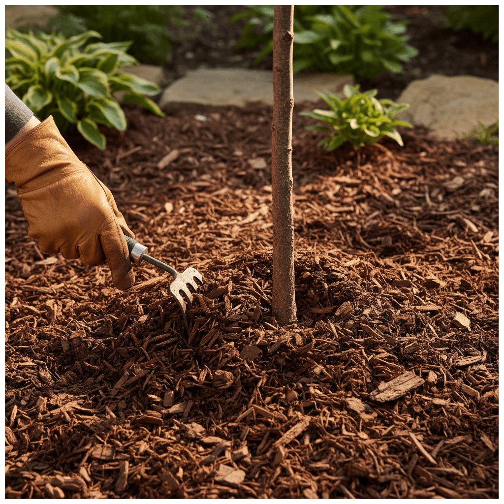 Professional mulch application around landscaping