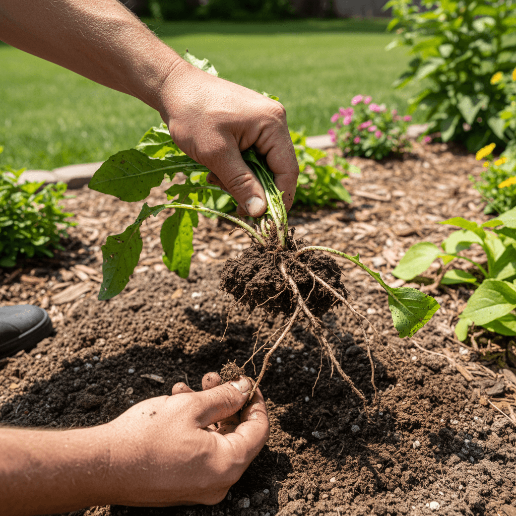 Hands removing weeds from lawn during professional weed control service