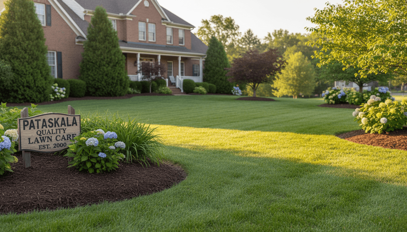 Perfectly manicured residential lawn in Pataskala with rich green grass and clean mulch beds