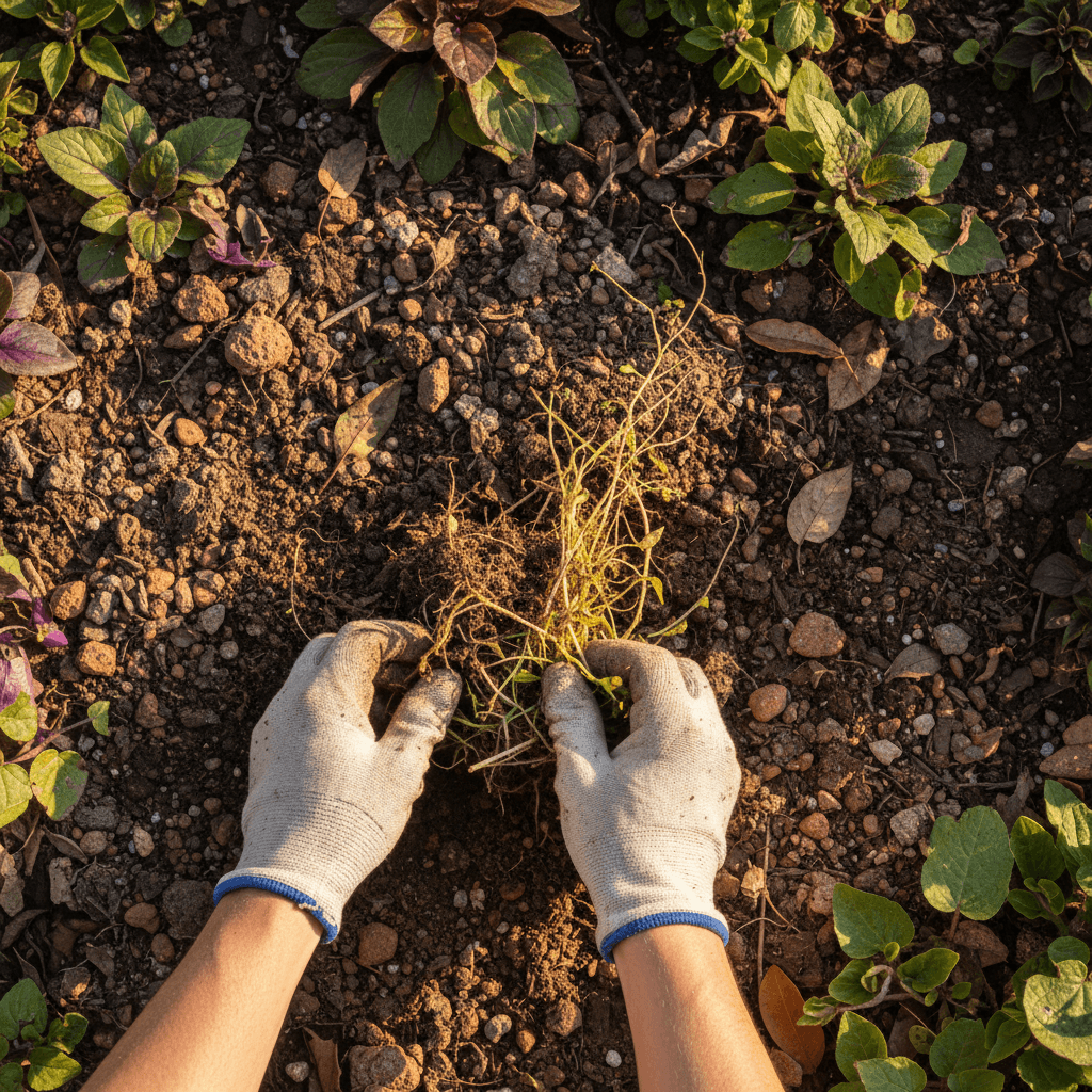 Weed removal from landscape bed by hand