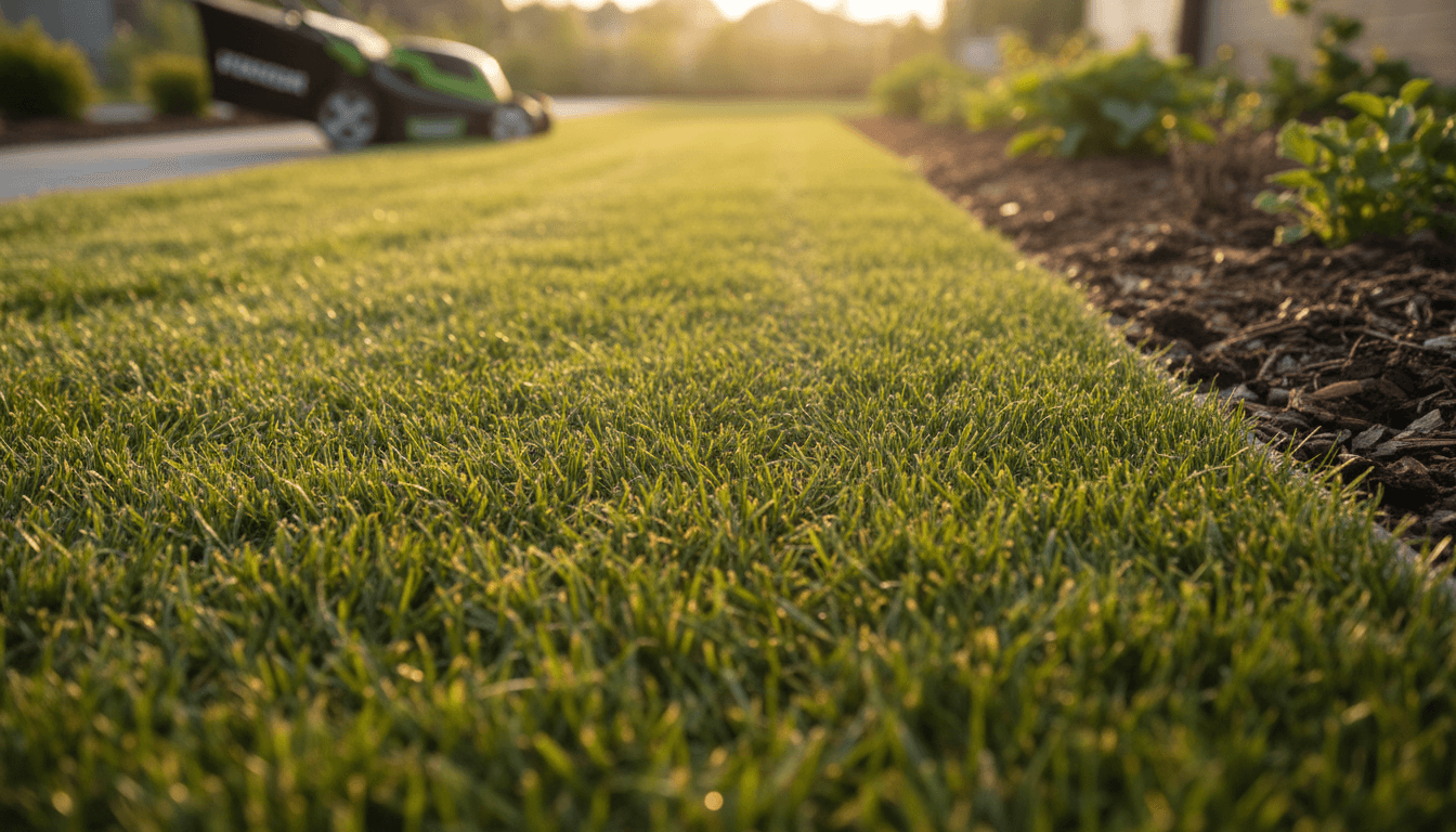 Freshly mowed lawn with clean edge lines and healthy green grass